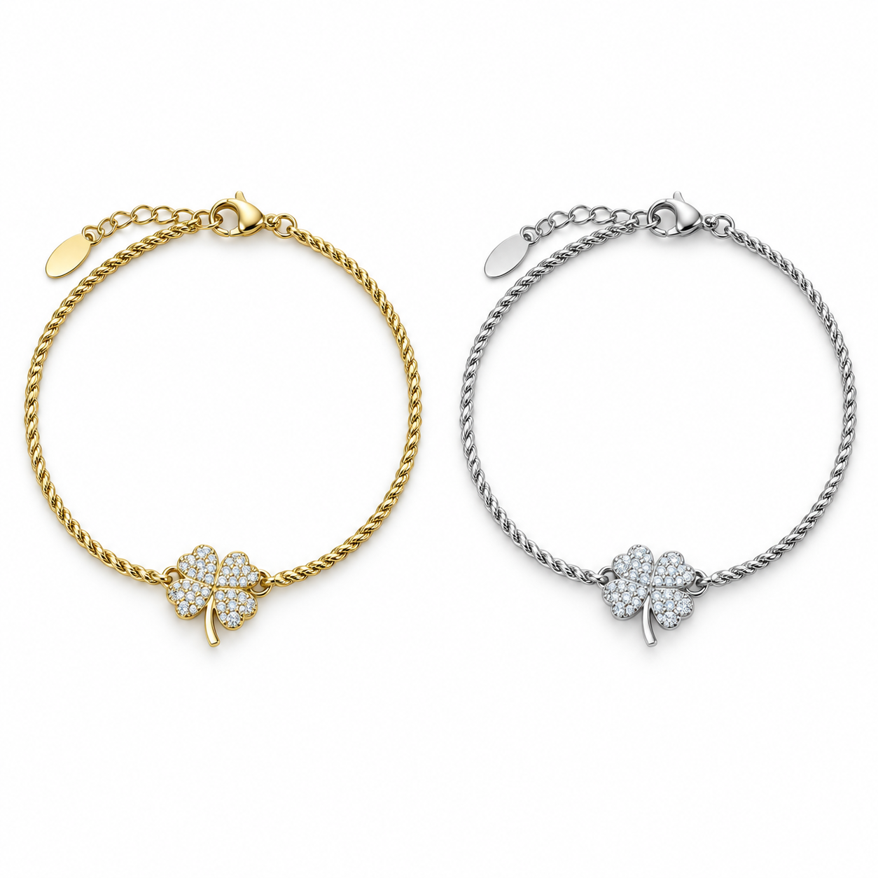 Bracciale Fortunella con quadrifoglio luminoso, versioni gold e silver
