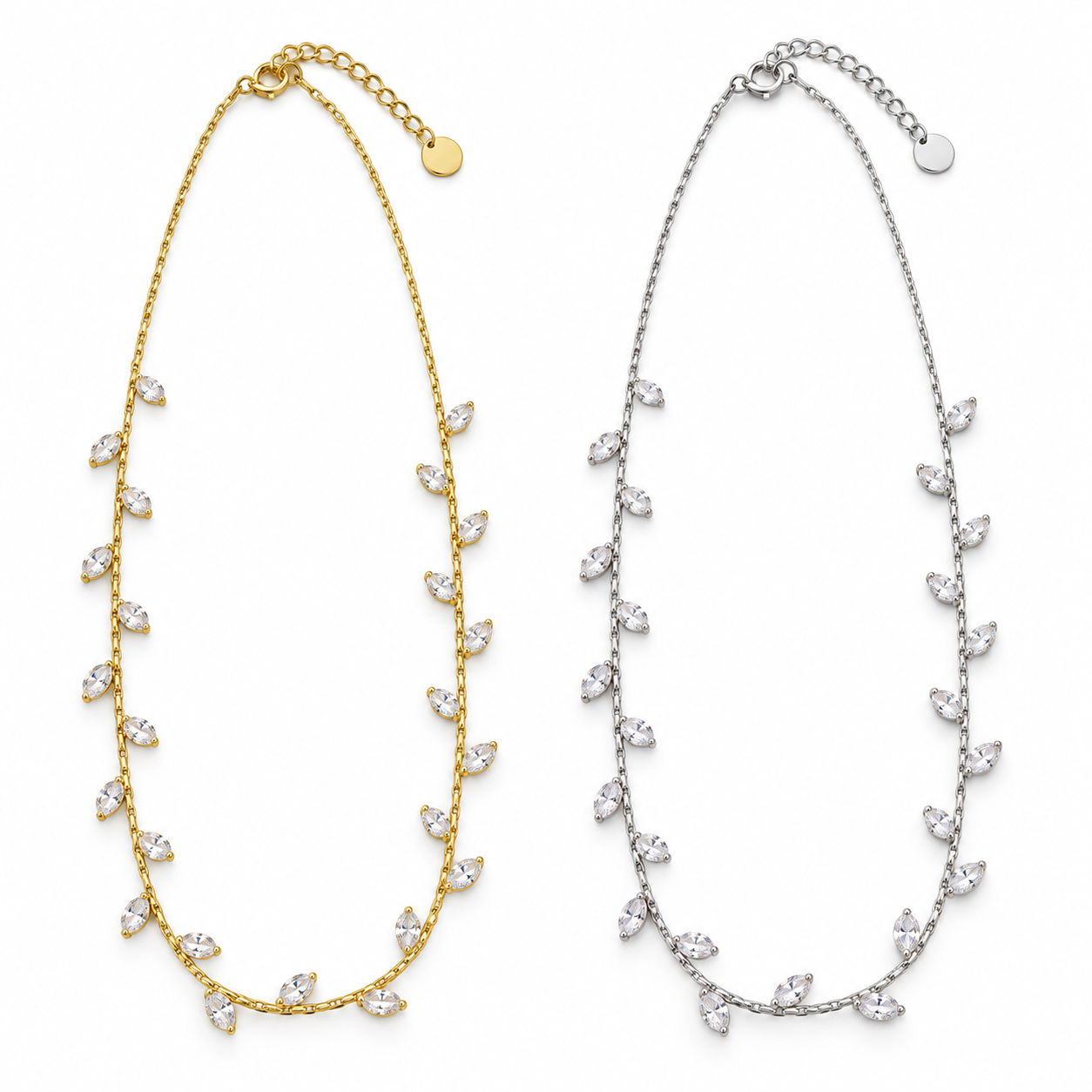 Collana Petali di Luce con catenina sottile e petali luminosi, versioni gold e silver