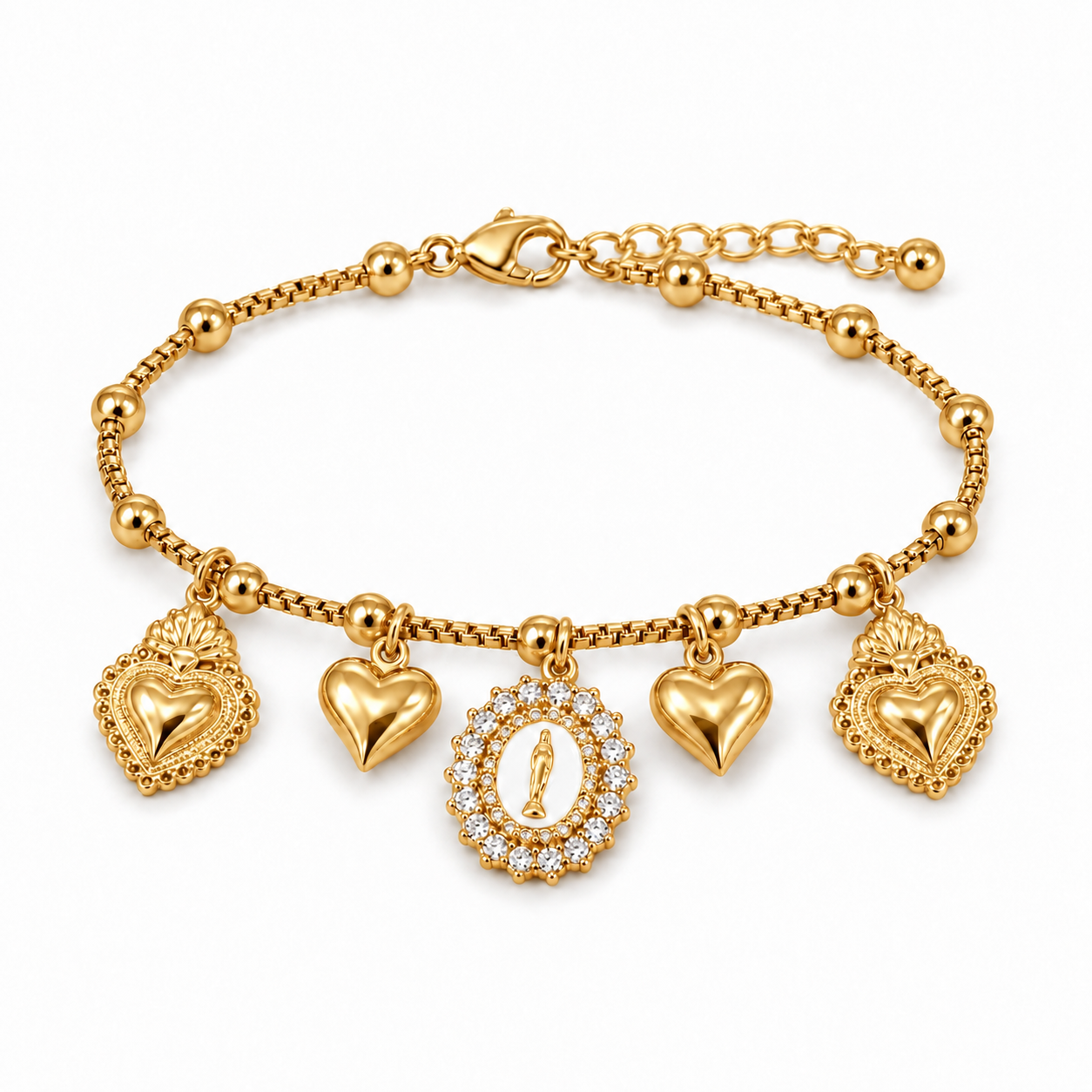 Bracciale Amor Divino con cuori sacri e medaglia ovale, versione gold