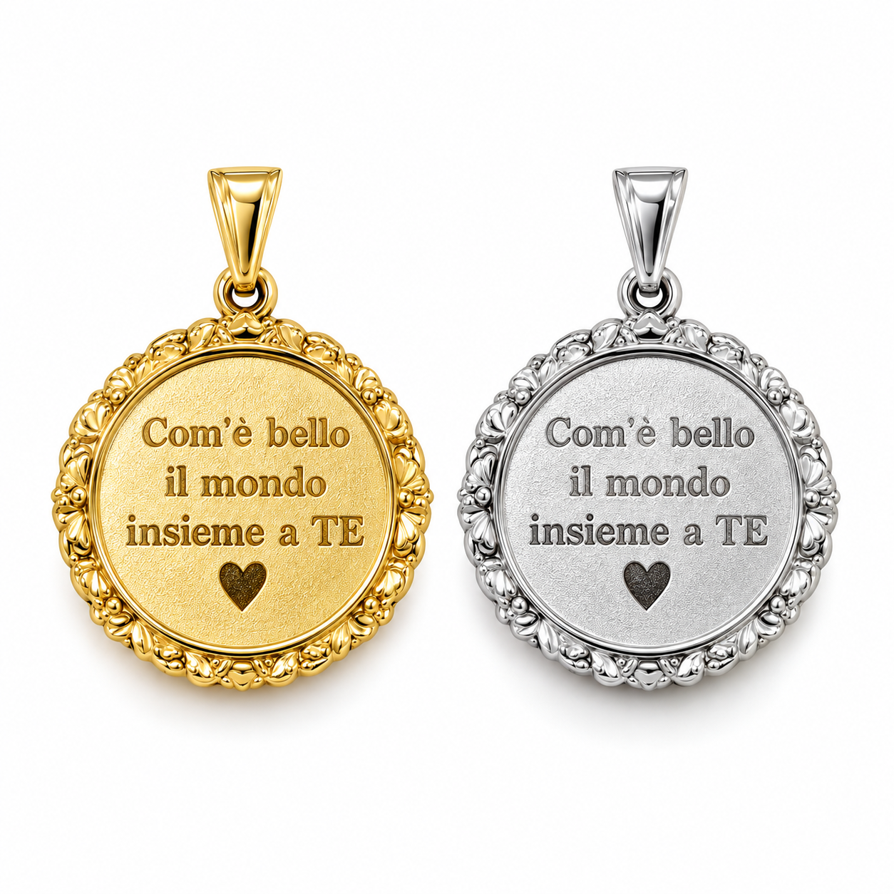 Ciondolo Com’è bello il mondo insieme a te, versioni gold e silver