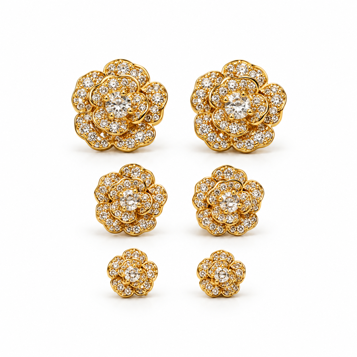 Set Rosellina, sei orecchini a rosa in tre misure, versione gold