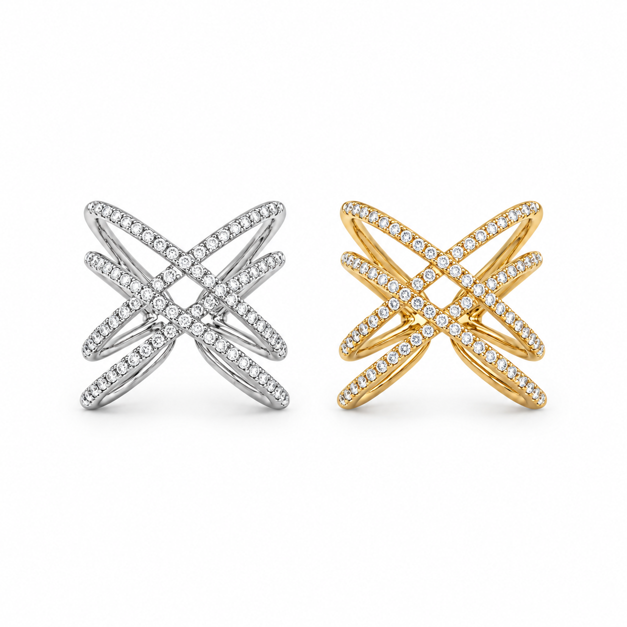 Anello Doppio Incrocio a doppia X con punti luce, versioni silver e gold