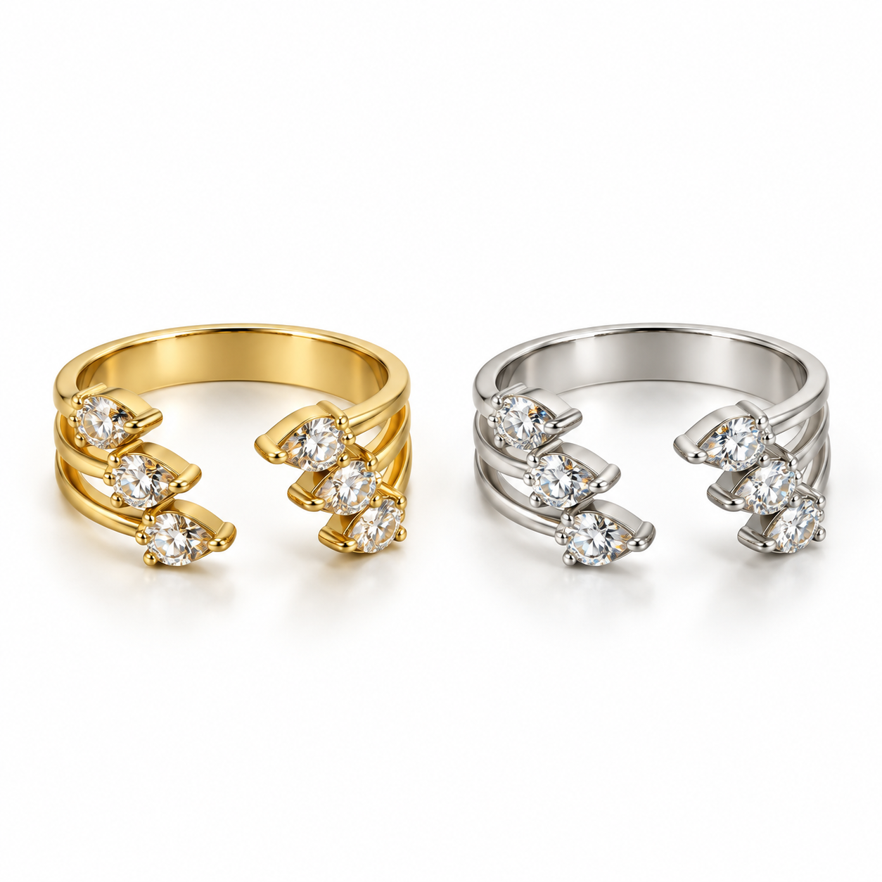 Anello Semini aperto a più fasce con elementi a seme, versioni gold e silver