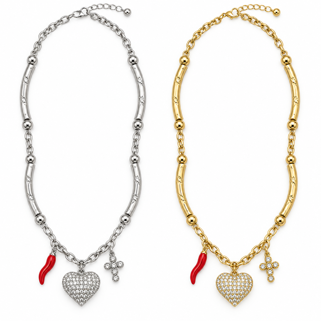 Collana Dolce Fortuna con cuore, cornetto rosso e croce, versioni silver e gold