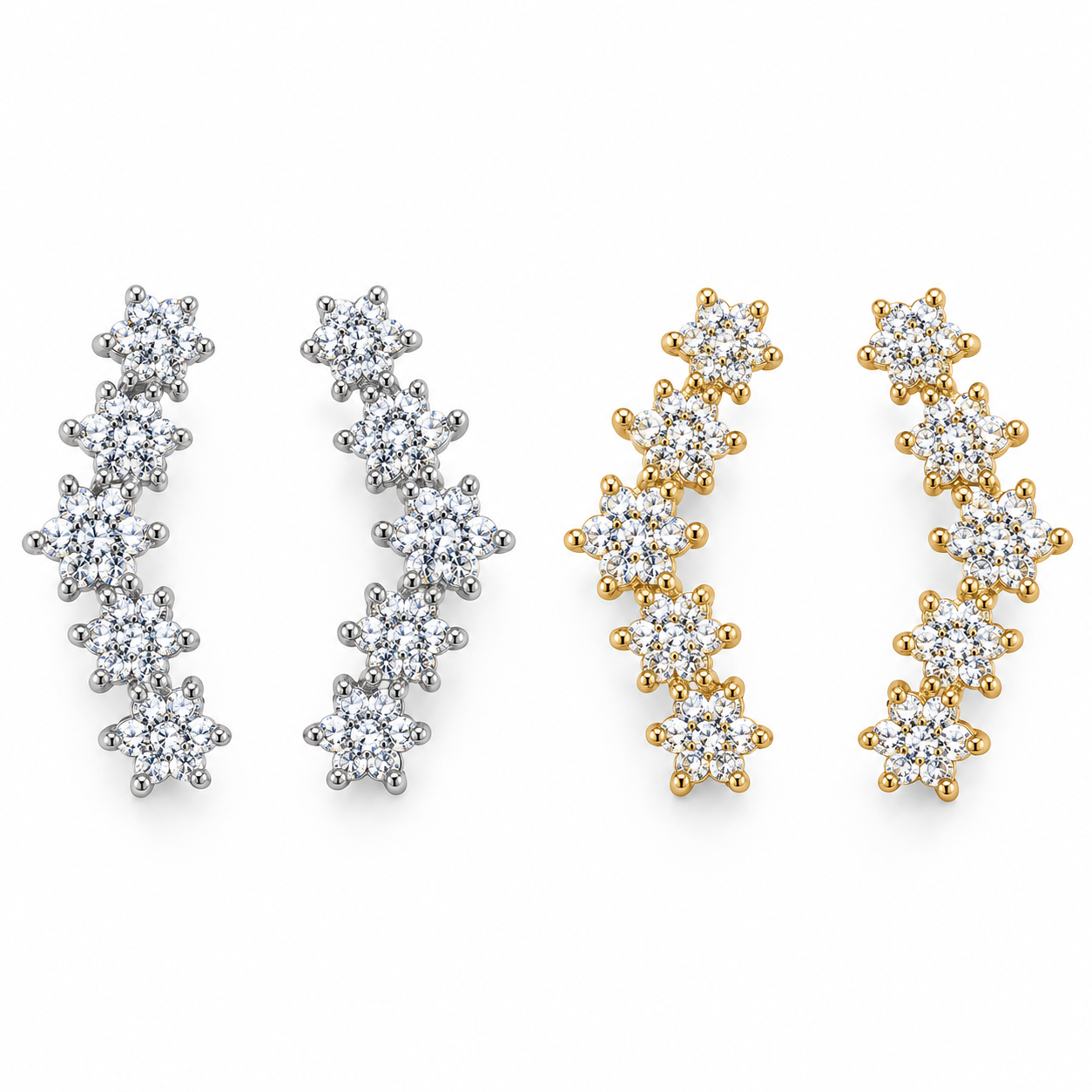 Orecchini Blossom con fiorellini di strass, versioni silver e gold