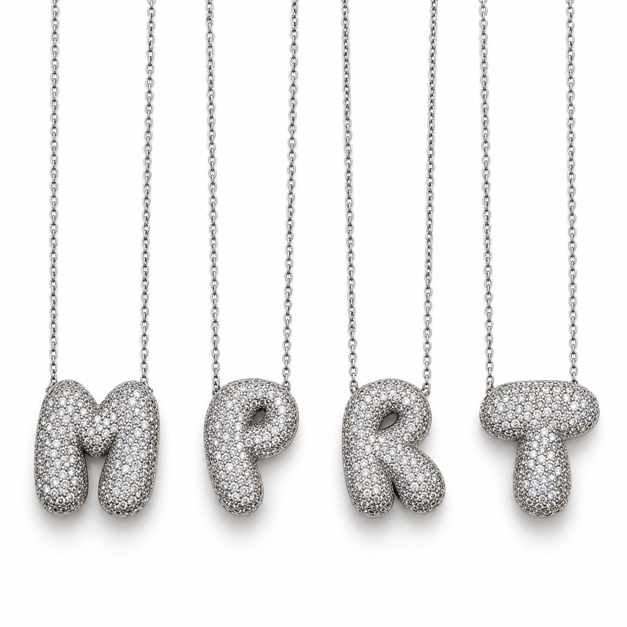 Collana Puffy con lettere M, P, R, T ricoperte di strass, versione silver