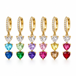 Set Tre Cuori, sei orecchini color oro con cerchio e tre cuori colorati pendenti