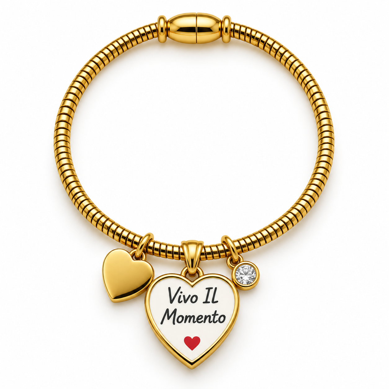 Bracciale Calamita con ciondolo a cuore e frase "Vivo il momento", color oro
