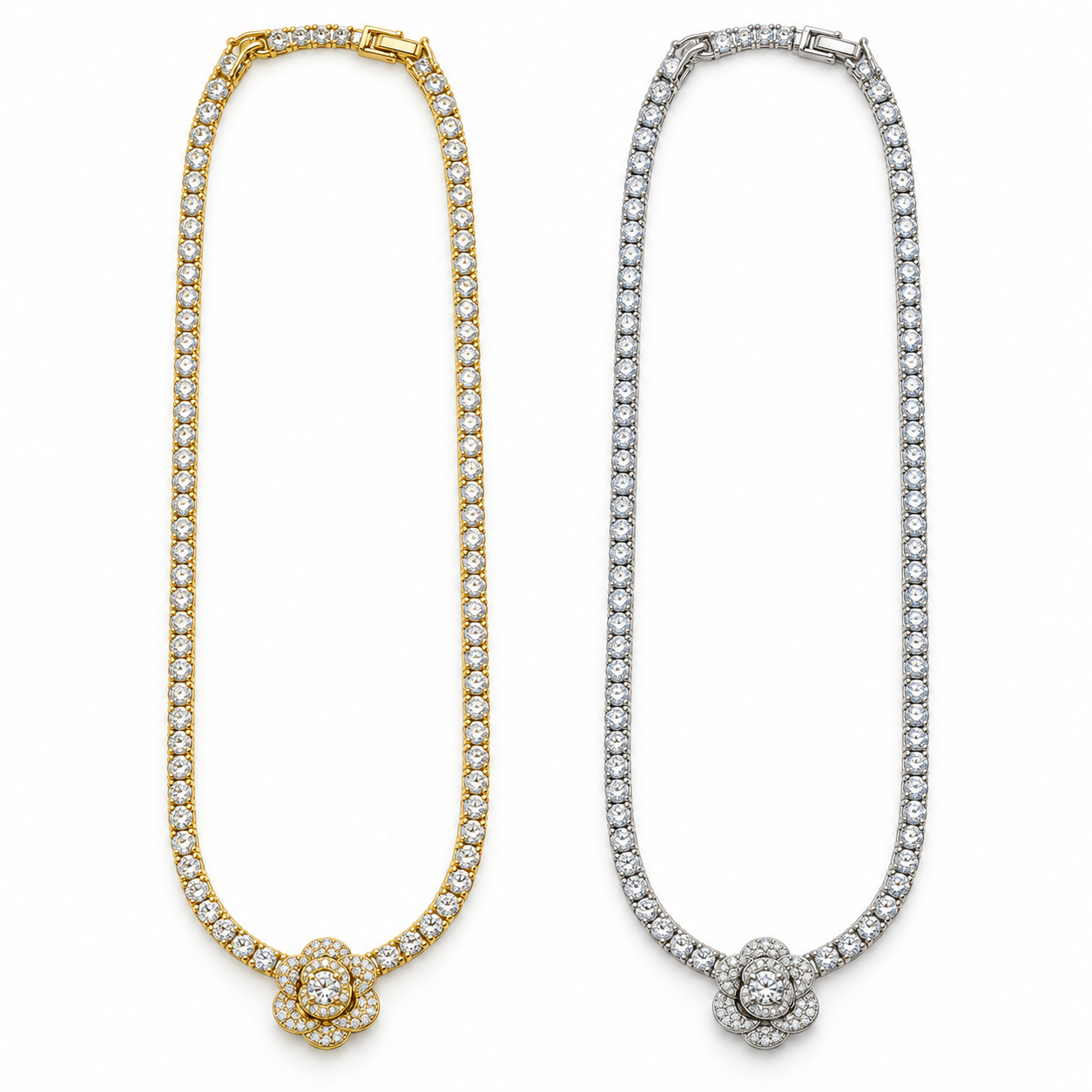 Collana Tennis Fiore con fiore centrale, versioni gold e silver