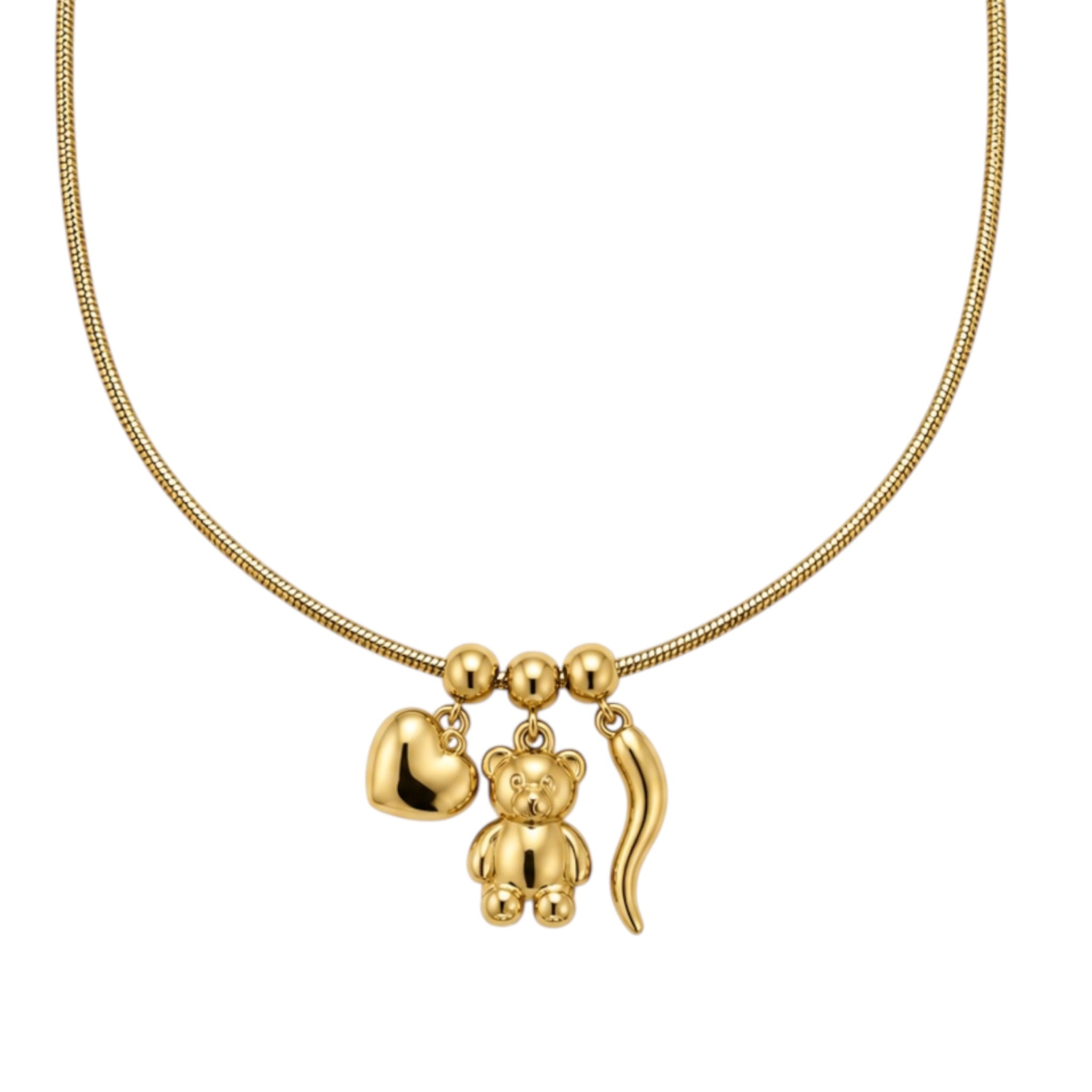 Collana Charm del Cuore con cuore, orsetto e cornetto, versione gold