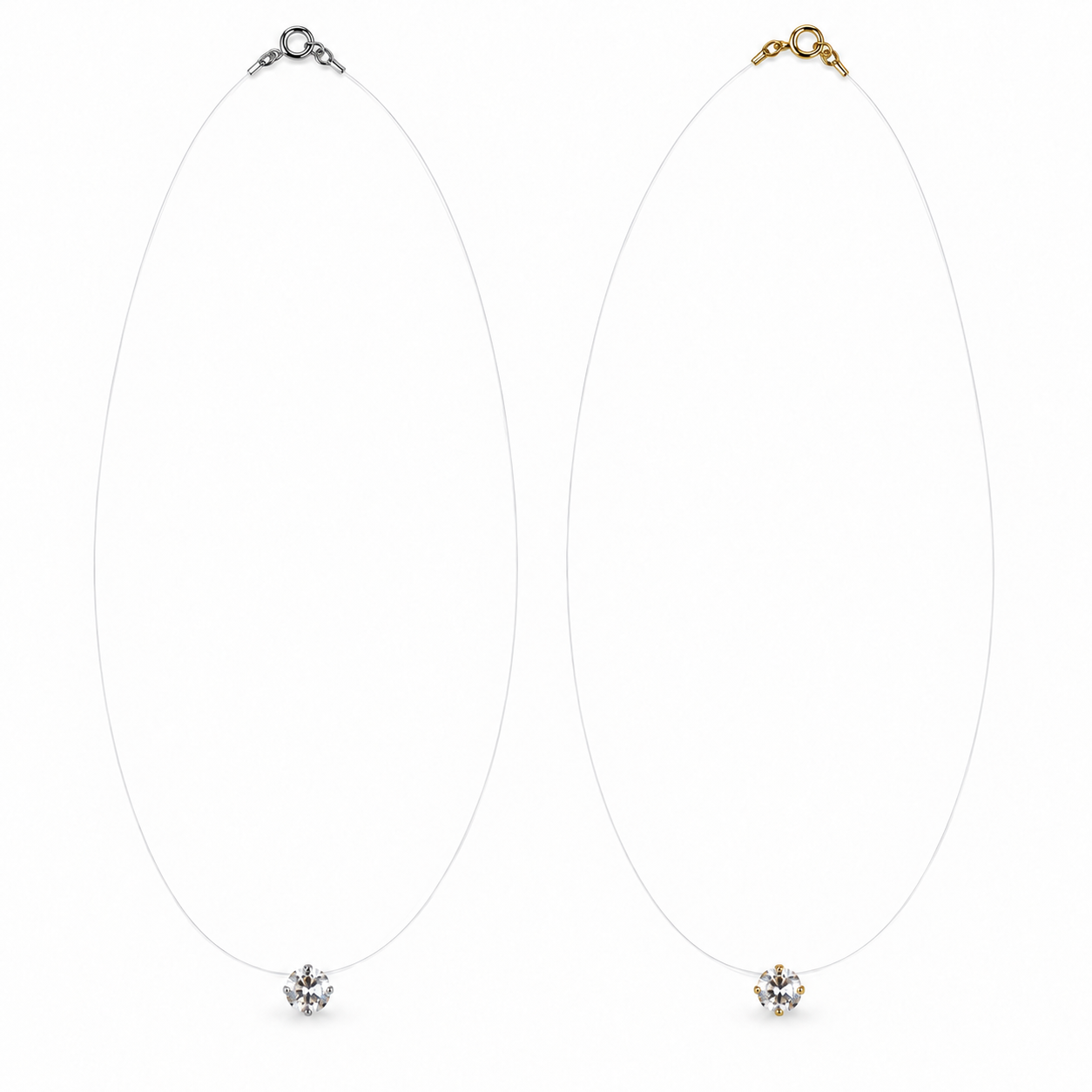 Collana Trasparente su filo invisibile con punto luce, versioni silver e gold