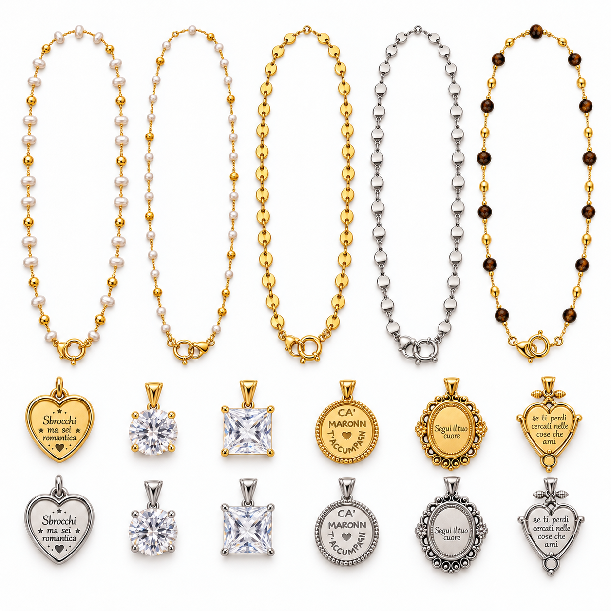 Collana Libera: catene gold e silver, catene di perle e ciondoli con frasi