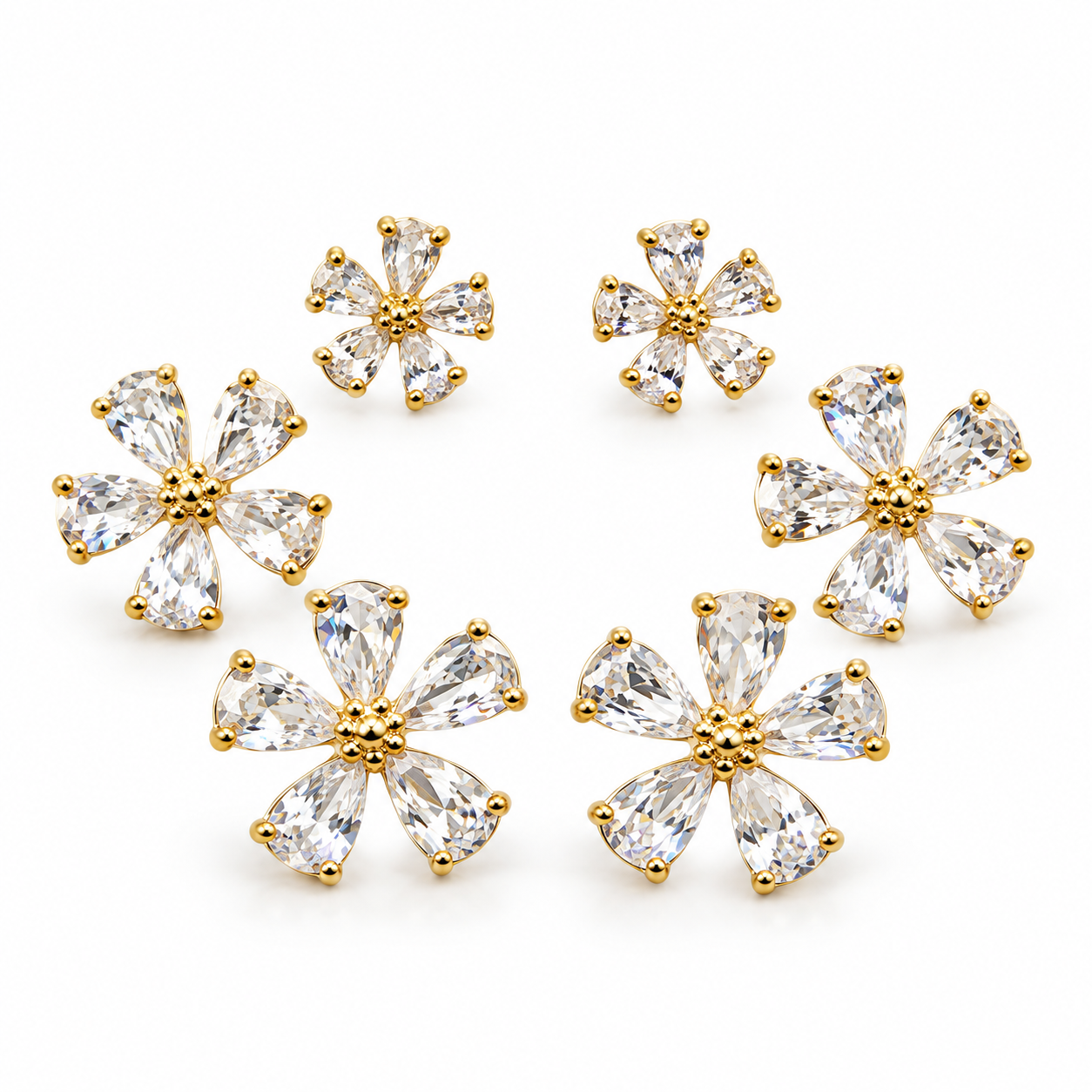 Set Petalo di Luce, sei orecchini a fiore con petali luminosi, versione gold