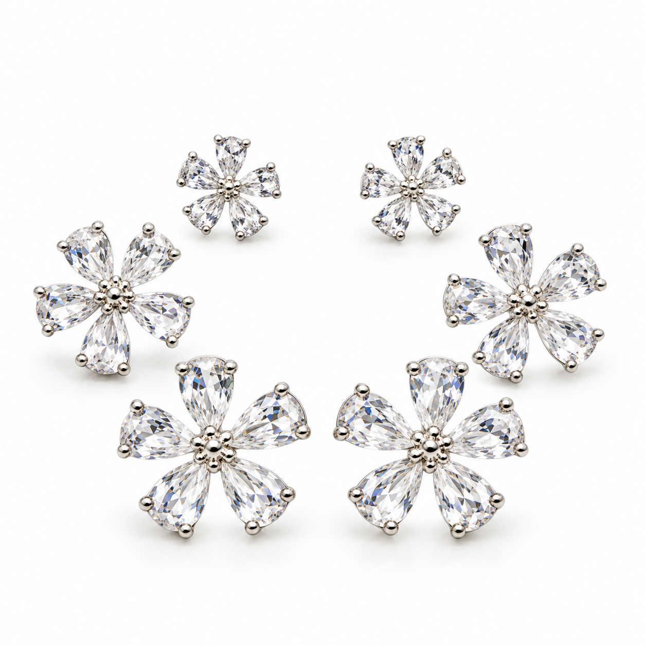 Set Petalo di Luce, sei orecchini a fiore con petali luminosi, versione silver