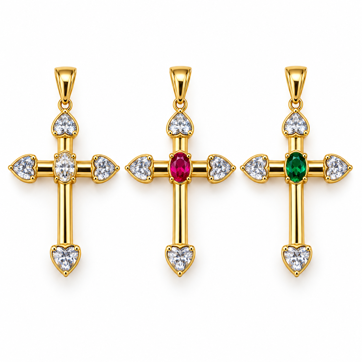 Charm Croce di Cuori, varianti gold neutro, gold rosso e gold verde