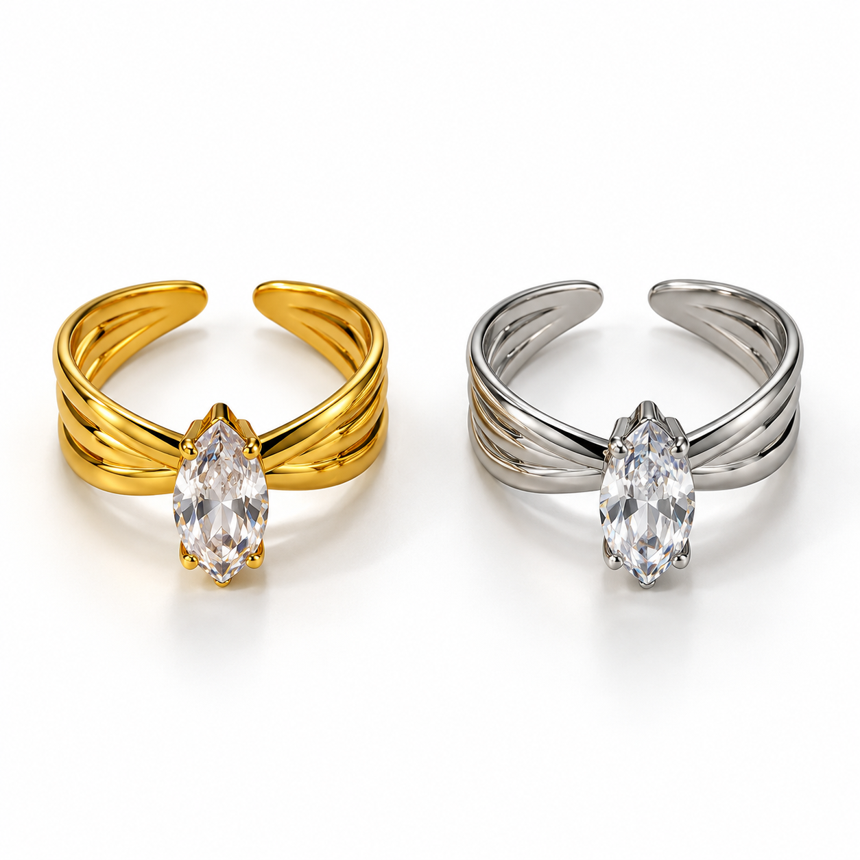 Anello Alya con fascia ondulata e pietra centrale a navetta, versioni gold e silver