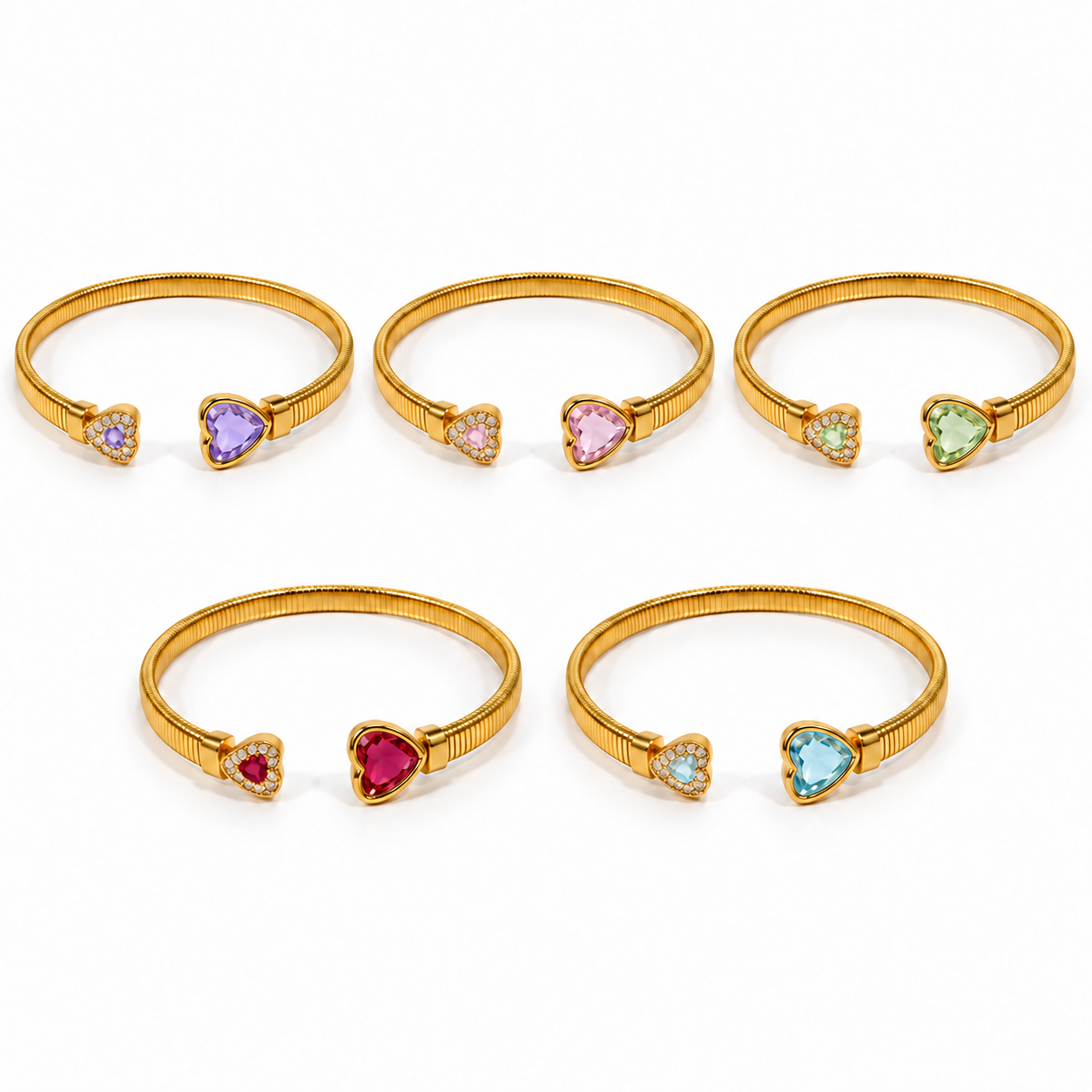 Bracciale Duetto aperto color oro con due cuori colorati, in cinque colori